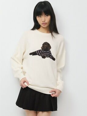 Sunday Best Cream Sweater with Brown Dog Intarsia